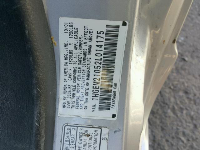 1HGEM21052L014175 - 2002 HONDA CIVIC EX GRAY photo 10