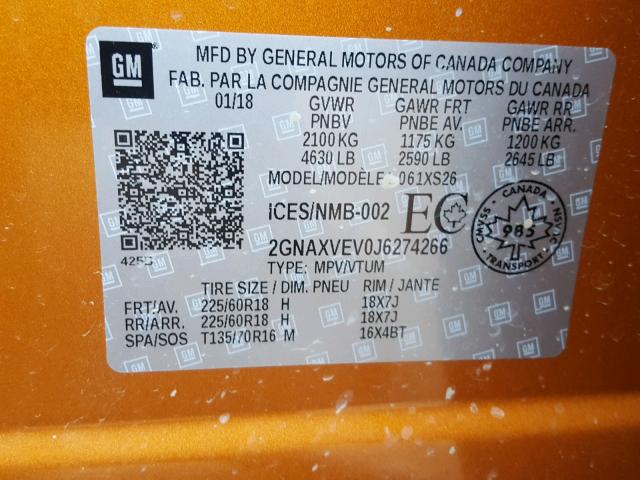 2GNAXVEV0J6274266 - 2018 CHEVROLET EQUINOX PR ORANGE photo 10