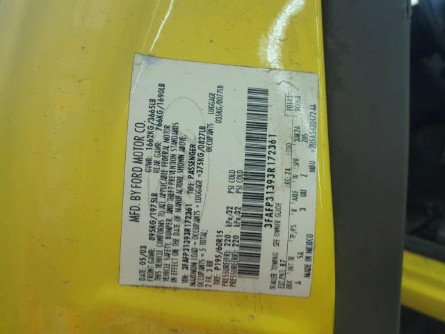 3FAFP31393R172361 - 2003 FORD FOCUS ZX3 YELLOW photo 10