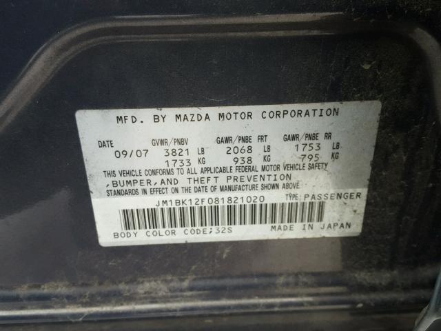 JM1BK12F081821020 - 2008 MAZDA 3 I GRAY photo 10