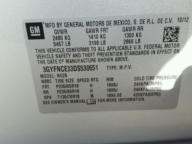 3GYFNCE33DS530651 - 2013 CADILLAC SRX LUXURY SILVER photo 10