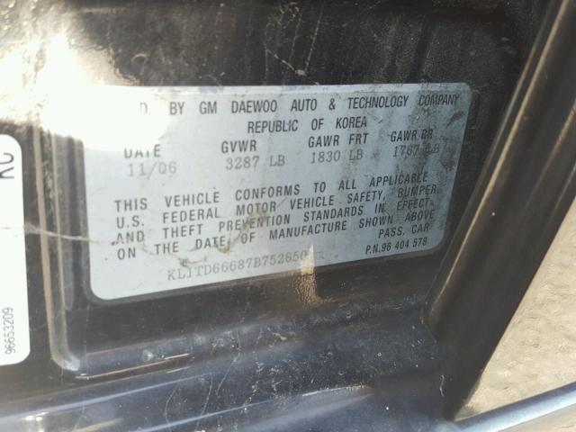 KL1TD66687B752650 - 2007 CHEVROLET AVEO BASE Czarny zdjęcie 10