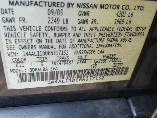 1N4AL11D06N317152 - 2006 NISSAN ALTIMA S GRAY photo 10