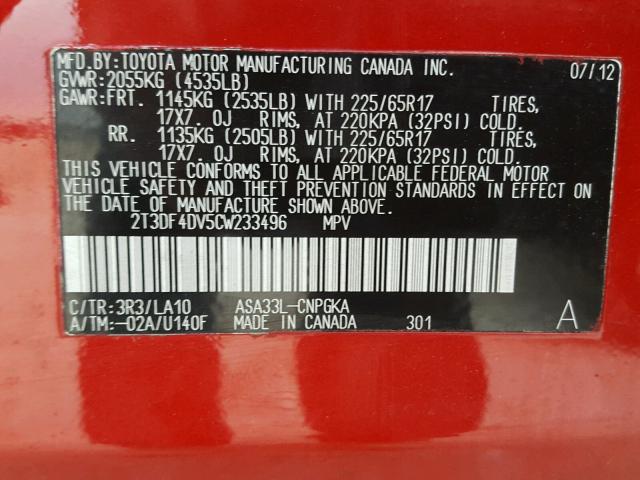 2T3DF4DV5CW233496 - 2012 TOYOTA RAV4 LIMIT MAROON photo 10