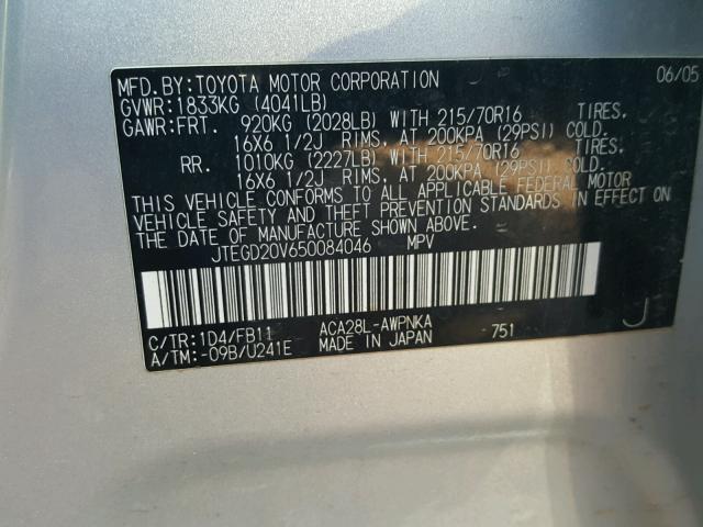 JTEGD20V650084046 - 2005 TOYOTA RAV4 SILVER photo 10