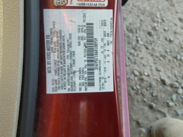 3FAFP07106R108959 - 2006 FORD FUSION SE BURGUNDY photo 10