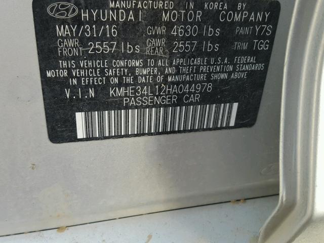 KMHE34L12HA044978 - 2017 HYUNDAI SONATA HYB SILVER photo 10