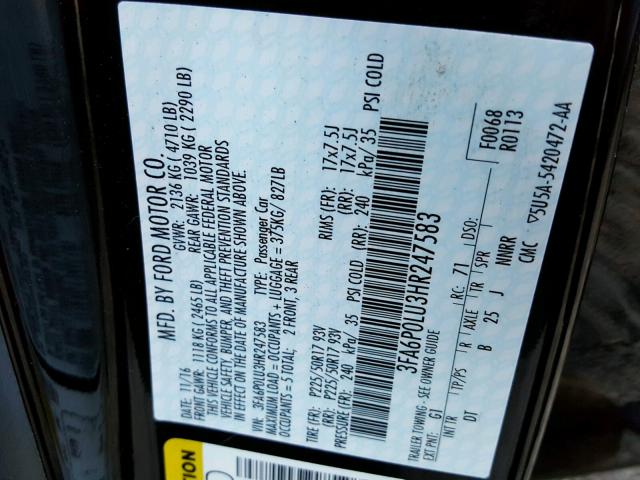 3FA6P0LU3HR247583 - 2017 FORD FUSION SE BLACK photo 10