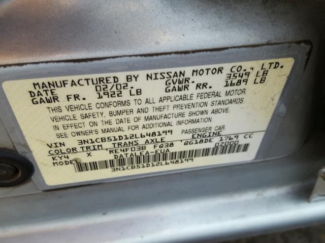 3N1CB51D12L648199 - 2002 NISSAN SENTRA XE SILVER photo 10