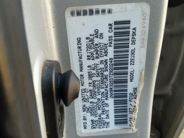 1NXBR32E07Z920248 - 2007 TOYOTA COROLLA CE SILVER photo 10