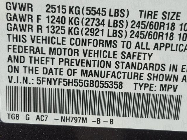 5FNYF5H55GB055358 - 2016 HONDA PILOT EXL GRAY photo 10