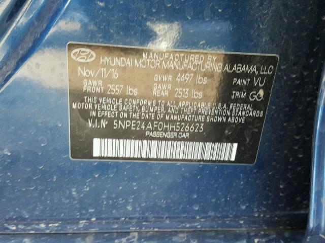 5NPE24AF0HH526623 - 2017 HYUNDAI SONATA SE BLUE photo 10