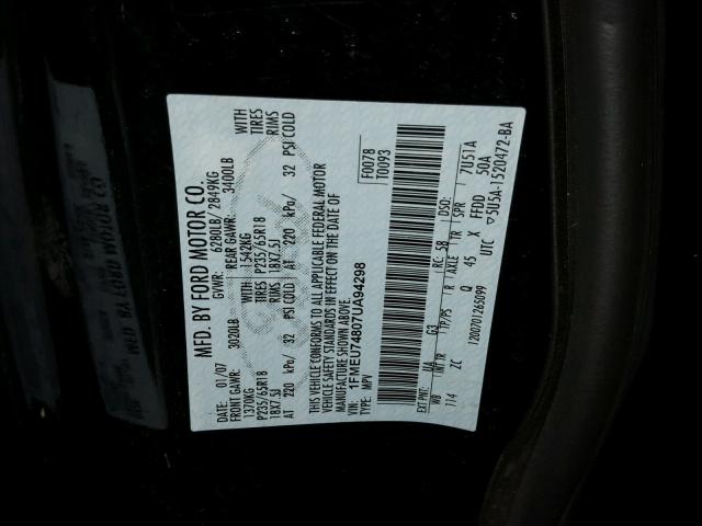 1FMEU74807UA94298 - 2007 FORD EXPLORER E BLACK photo 10