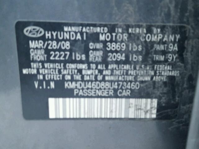 KMHDU46D88U473460 - 2008 HYUNDAI ELANTRA GL GRAY photo 10