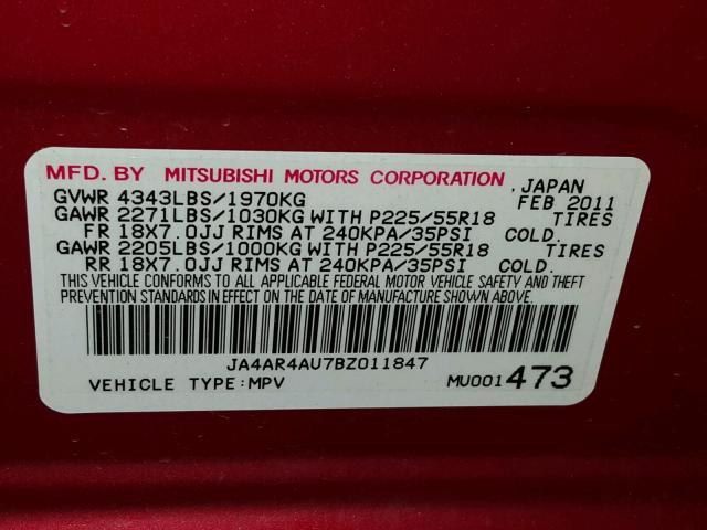 JA4AR4AU7BZ011847 - 2011 MITSUBISHI OUTLANDER RED photo 10