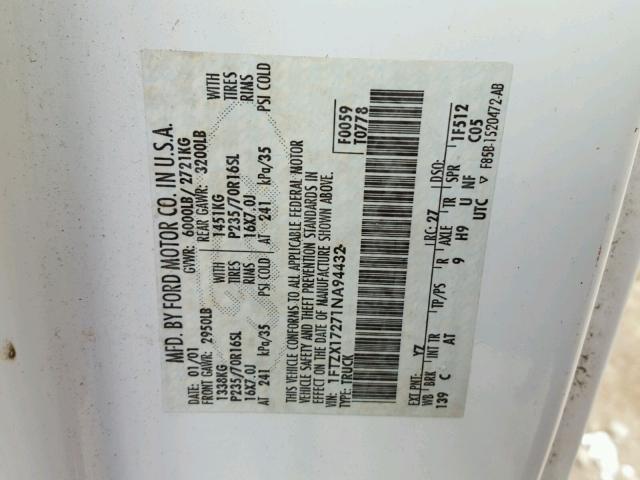 1FTZX17271NA94432 - 2001 FORD F150 WHITE photo 10