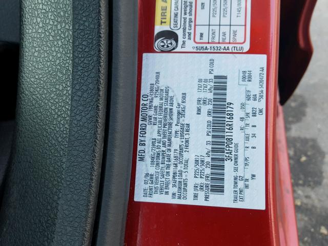 3FAFP08116R168179 - 2006 FORD FUSION SEL RED photo 10