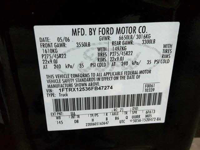 1FTRX12536FB47274 - 2006 FORD F150 BLACK photo 10