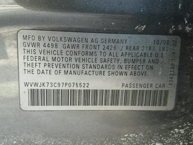 WVWJK73C97P075522 - 2007 VOLKSWAGEN PASSAT GRAY photo 10