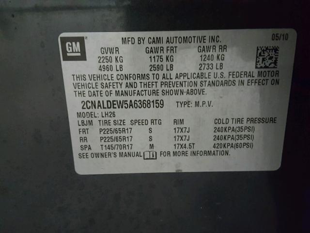 2CNALDEW5A6368159 - 2010 CHEVROLET EQUINOX LT GRAY photo 10