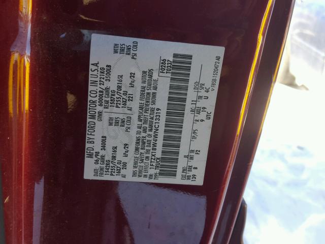 1FTZX18W4WNC13319 - 1998 FORD F150 MAROON photo 10