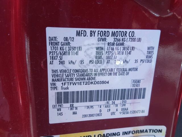 1FTFW1ET2DKD03504 - 2013 FORD F150 SUPER RED photo 10