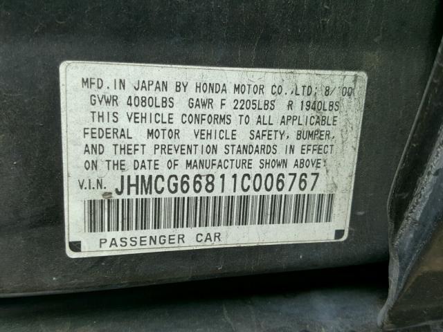 JHMCG66811C006767 - 2001 HONDA ACCORD EX BLACK photo 10