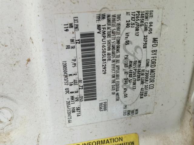 1FMPU16585LB12929 - 2005 FORD EXPEDITION WHITE photo 10