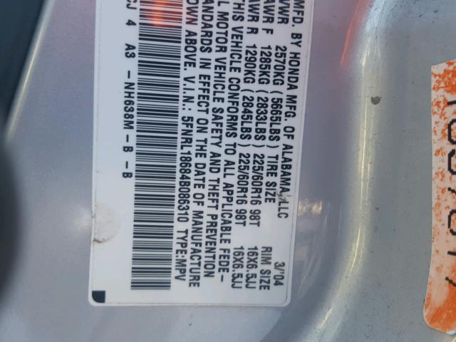 5FNRL18684B086310 - 2004 HONDA ODYSSEY EX SILVER photo 10