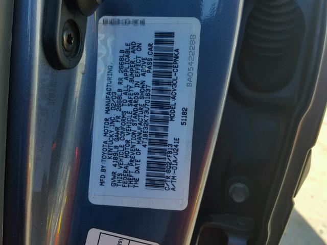 4T1BE32K73U701637 - 2003 TOYOTA CAMRY LE BLUE photo 10