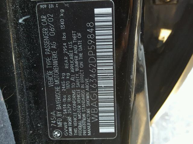 WBAGL63462DP59848 - 2002 BMW 745 I BLACK photo 10