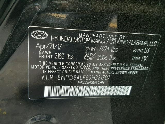 5NPD84LF8JH221707 - 2018 HYUNDAI ELANTRA SE BLACK photo 10