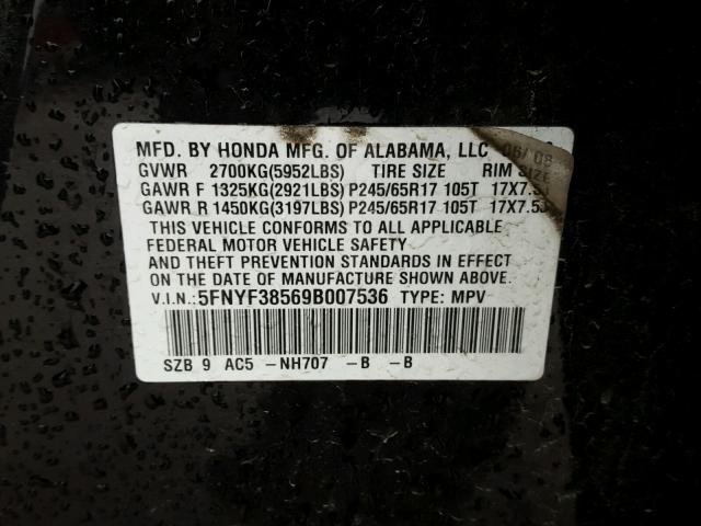 5FNYF38569B007536 - 2009 HONDA PILOT EXL BLACK photo 10