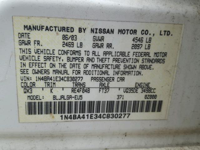 1N4BA41E34C830277 - 2004 NISSAN MAXIMA SE WHITE photo 10