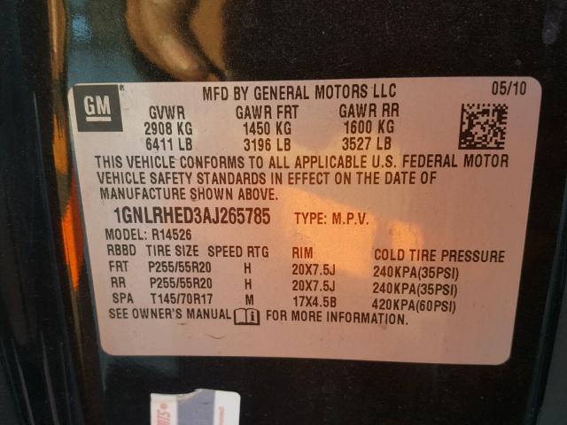 1GNLRHED3AJ265785 - 2010 CHEVROLET TRAVERSE L BLACK photo 10