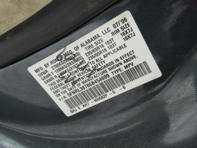 5FNRL38786B454699 - 2006 HONDA ODYSSEY EX GRAY photo 10