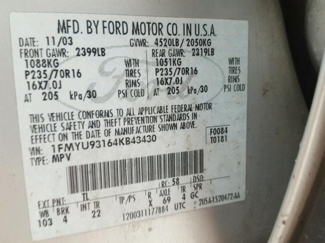 1FMYU93164KB43430 - 2004 FORD ESCAPE XLT SILVER photo 10