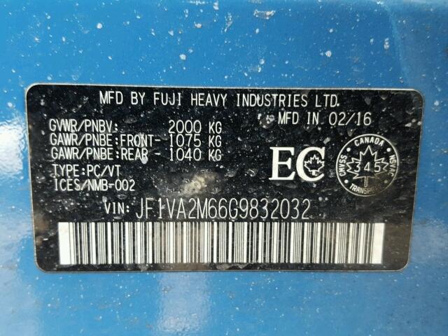 JF1VA2M66G9832032 - 2016 SUBARU WRX STI BLUE photo 10