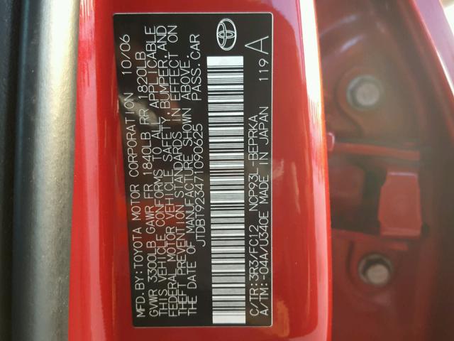 JTDBT923471090625 - 2007 TOYOTA YARIS RED photo 10