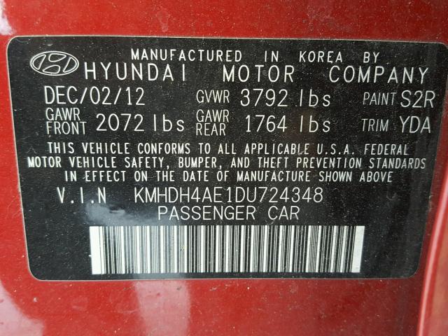 KMHDH4AE1DU724348 - 2013 HYUNDAI ELANTRA GL RED photo 10