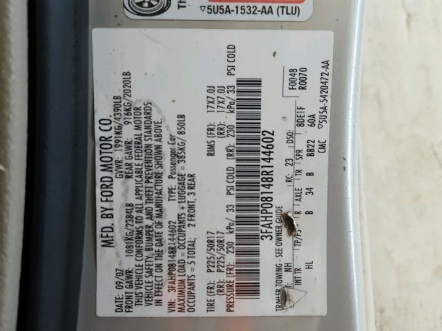 3FAHP08148R144602 - 2008 FORD FUSION SEL CREAM photo 10