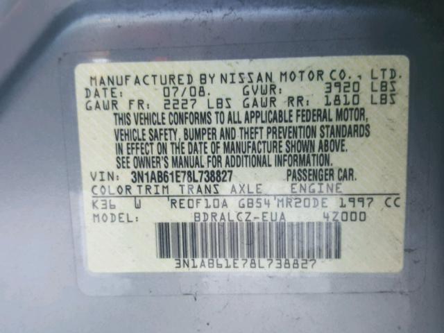 3N1AB61E78L738827 - 2008 NISSAN SENTRA 2.0 GRAY photo 10