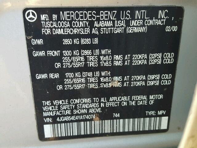 4JGAB54E4YA174074 - 2000 MERCEDES-BENZ ML 320 SILVER photo 10