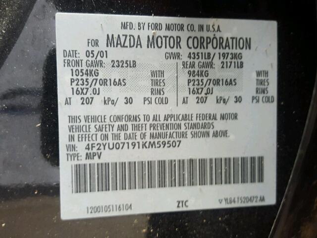 4F2YU07191KM59507 - 2001 MAZDA TRIBUTE DX BLACK photo 10