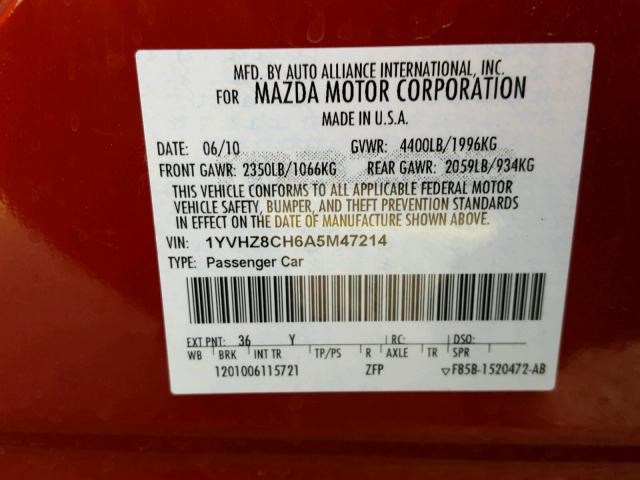 1YVHZ8CH6A5M47214 - 2010 MAZDA 6 I RED photo 10