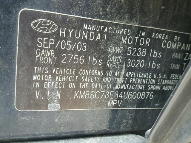 KM8SC73E34U600876 - 2004 HYUNDAI SANTA FE G CHARCOAL photo 10