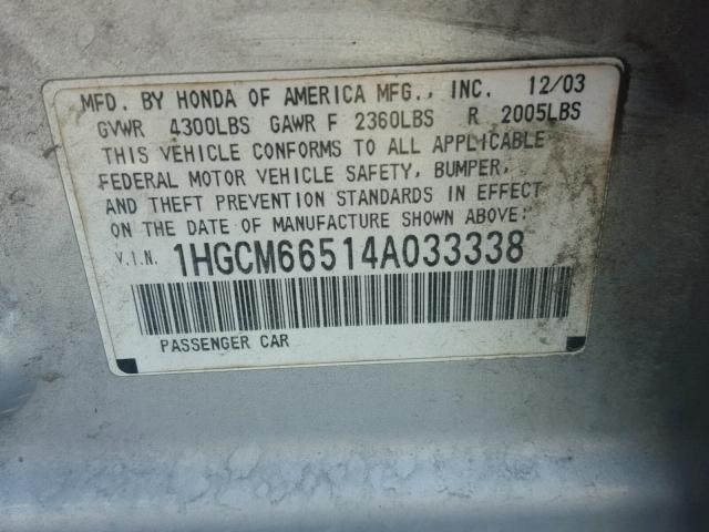 1HGCM66514A033338 - 2004 HONDA ACCORD EX SILVER photo 10