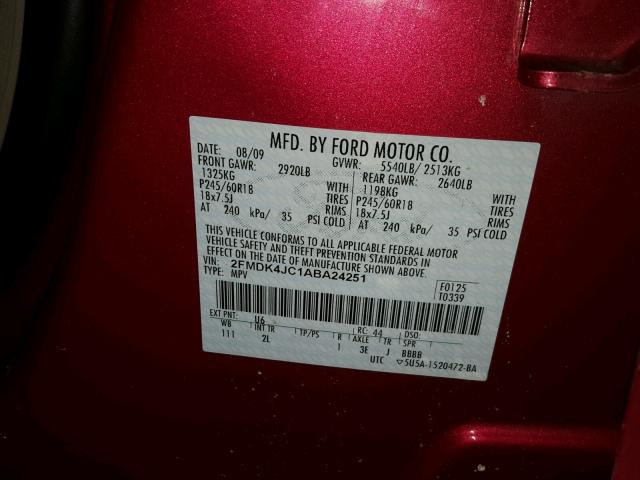 2FMDK4JC1ABA24251 - 2010 FORD EDGE SEL RED photo 10