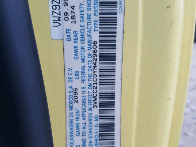 3VWCC21C0YM429606 - 2000 VOLKSWAGEN NEW BEETLE YELLOW photo 10