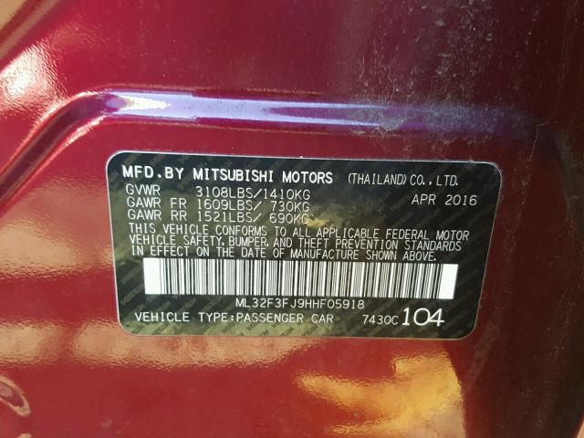 ML32F3FJ9HHF05918 - 2017 MITSUBISHI MIRAGE G4 RED photo 10